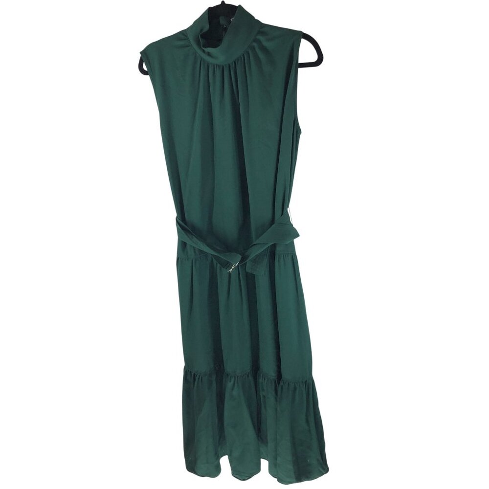 Style Mafia Midi Dress Mock Neck Belted Tiered Sleeveless Emerald Green M